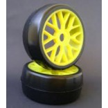 PAR DE PNEUS SLICK COM RODAS BBS AMARELA CUBO DE ENCAIXE 17 mm NOVO PERFIL PARA INFERNO GT2 E BUGGYS 1/8 SINTEC SIN S155